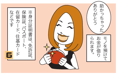 6.お客：助かっちゃったありがとう。ナレーション：モノを預けてお金が借りられます。※身分証明書は、免許証、保険証、パスポート、在留カード、住基カードなどです